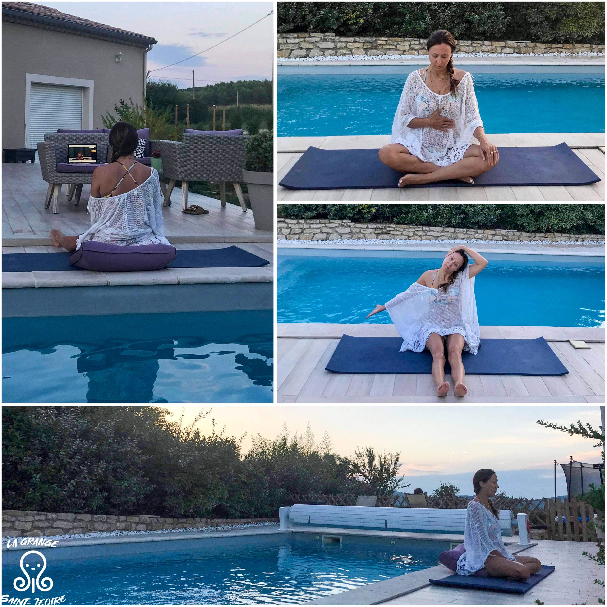 Femme faisant du yoga près d'une piscine.