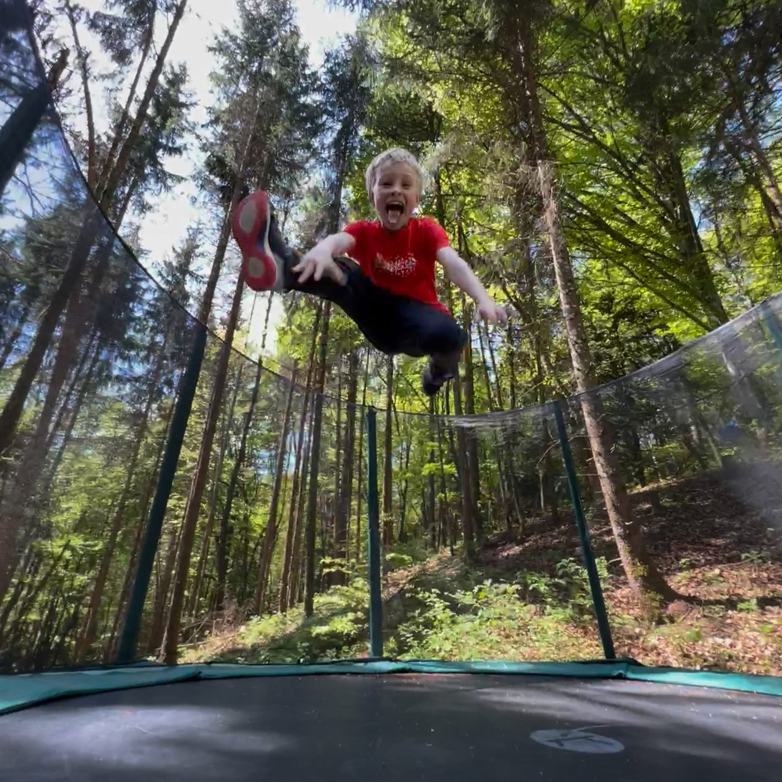 Enfant sautant sur un trampoline en forêt.