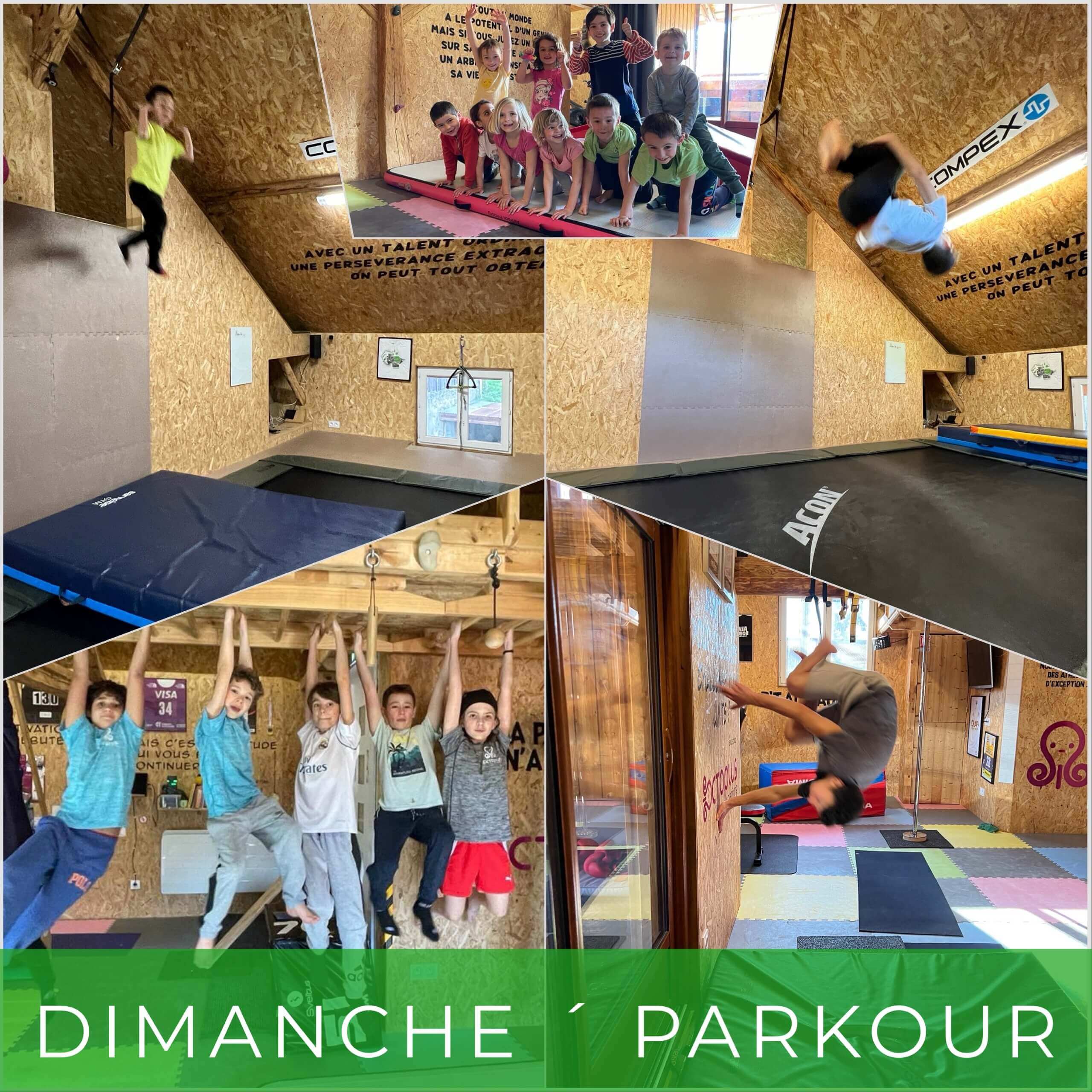 Enfants s'entraînant au parkour en intérieur.