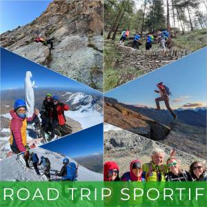 Groupe en randonnée et escalade montagneuse.