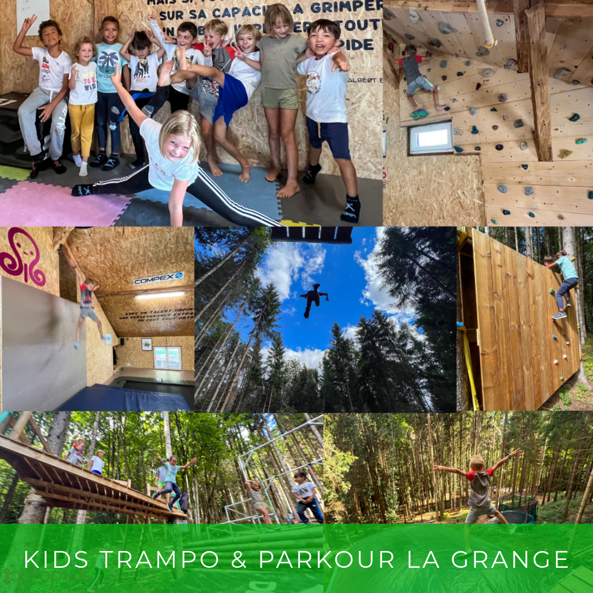 Enfants faisant du trampoline et parkour à La Grange.