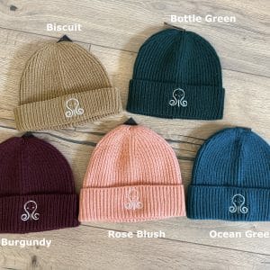 Bonnet en 5 couleurs : biscuit, vert, bordeaux.