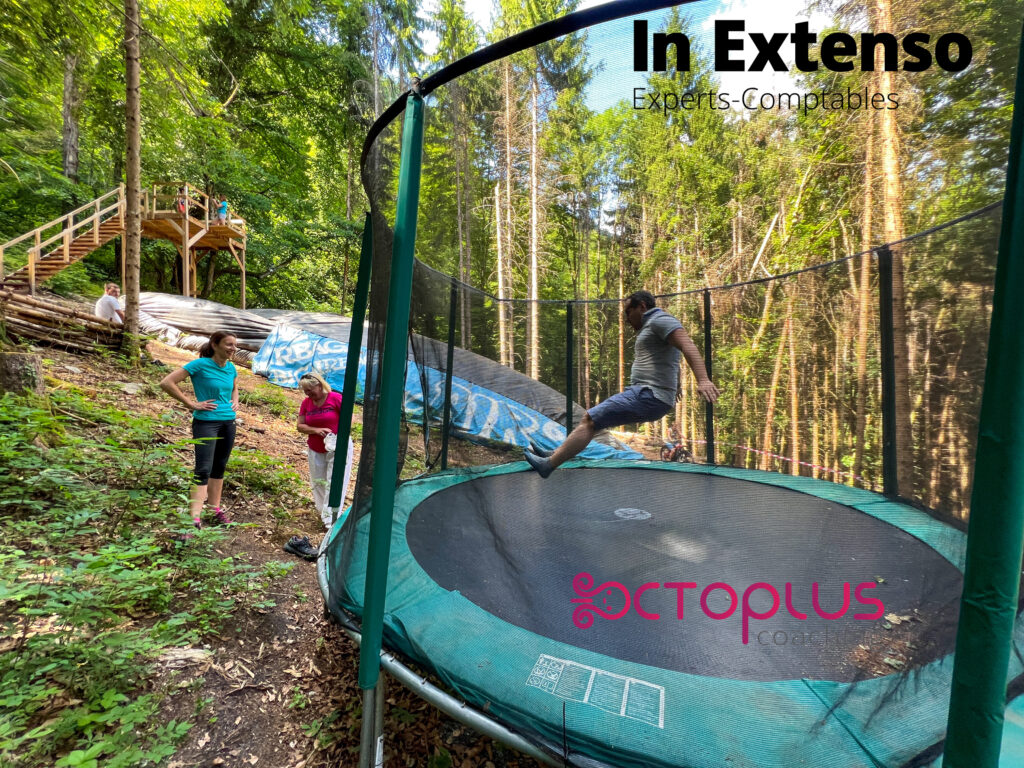 Homme sautant sur trampoline en forêt